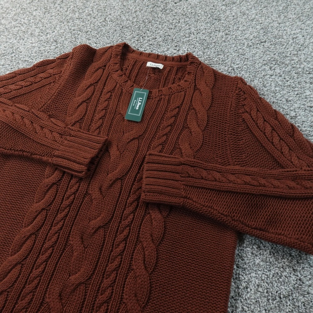NEW LL Bean Sweater Womens L Brown Double L‎ Aran Cable Knit Crewneck Pullover